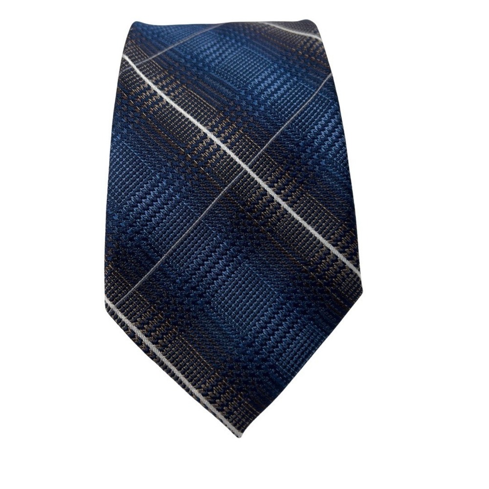 Pronto Uomo 100% Silk Blue Plaid Tie‎ Brown Check Necktie